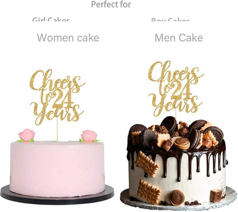 Gold Glitter Cheers to 24 Years Cake Topper, Gold Happy 24th Birthday Cake Topper, Birthday Party Decorations