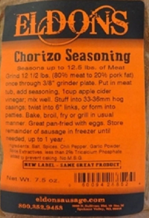 Eldons 7.5 Oz. 12.5 Lbs. #885 Chorizo Fresh Sausage Seasoning Bag Seasons