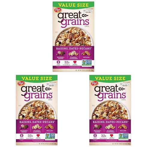Great Grains Post Raisins Dates and Pecans Breakfast Cereal, Raisin Cereal with Sweet Dates