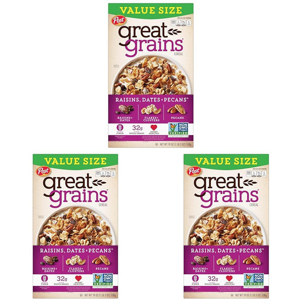 Great Grains Post Raisins Dates and Pecans Breakfast Cereal, Raisin Cereal with Sweet Dates