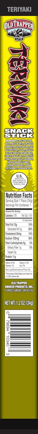1.2-Ounce Packages, 11 (Pack 24) Old Trapper Teriyaki Snack Sticks, Individually Wrapped Natural Wood Smoked Meat