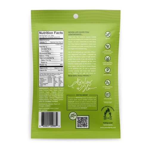 PREVAIL Lemongrass Grass-Fed Beef Jerky - Gluten Free, 100% Grass-Fed, High Protein Snacks, Pack of 3