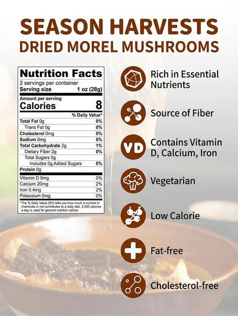 Season Harvests 2oz, Dried Morel Mushrooms Premium Gourmet Morels Fresh Flavor Morel Mushroom for Sauces, Stews