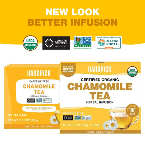 (100 HANDPICK, Organic Chamomile Tea Bags Herbal Tea Bags) Caffeine Free| Premium Floral Chamomile Herbal Tea