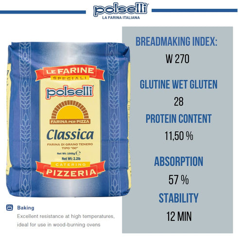 "00" 11 lbs (5 POLSELLI Classica, Tipo Double Zero Flour Extra Fine, kg), Neapolitan Italian Pizza, Bread, Pasta