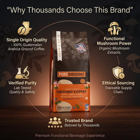 340g PureShrooms Mind & Body Ground Mushroom Coffee Focus, Energy & Mood Support Premium Arabica with Organic Lions