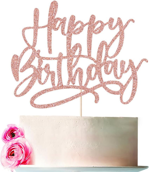 Glitter Happy Birthday Cake Topper, Rose Gold Anniversary Celebration Party Decoration Supplies for Birthday Cake