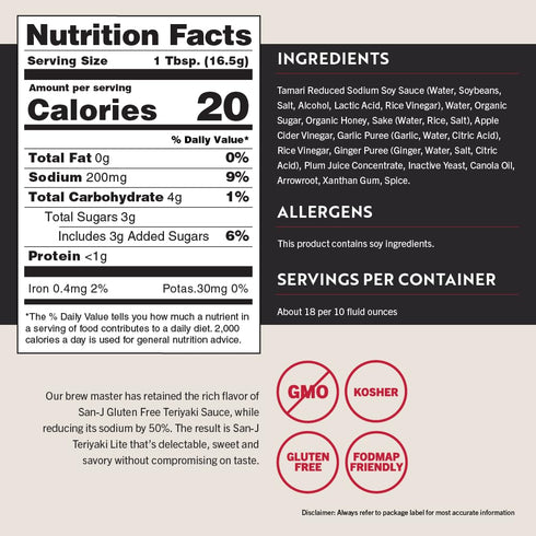 50% 10 oz. San-J - Gluten Free LITE Teriyaki Sauce with Less Sodium - Well-balanced Sauce for Cooking - NON-GMO