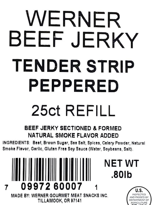 Pack 25 Werner Tender Strips Peppered Beef Jerky - of Jerky Strips - Made in the USA