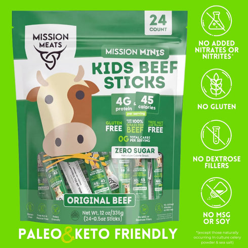 100% 4g 45 0.5oz (24ct Mission Meats Kids Beef Sticks, Grass Fed, Healthy Snacks for Kids, Zero Sugar, Protein