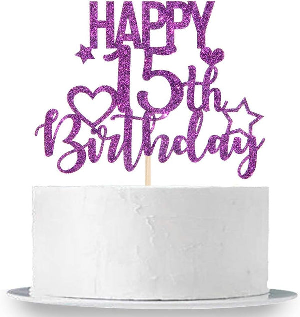 INNORU Purple Glitter Happy 15th Birthday Cake Topper - Cheers to 15 Years, Teenager Children's Party Decorations