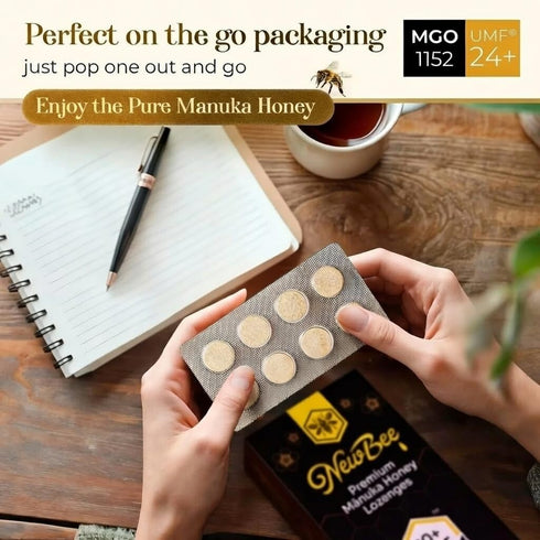 NEWBEE Lozenges, (16, 24+) Manuka Honey Made W/UMF, MGO New Zealand Manuka Honey, UMF Certified, Monofloral, Traceable