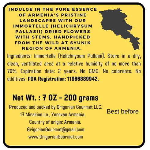 GRIGORIAN GOURMET Immortelle 7 OZ (200g) (Helichrysum Pallasii) Dried Flowers with Stems, Loose Herbal Tea |
