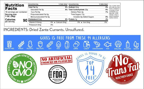 1 lb. 14 Gerbs Dried Zante Currants | Unsulfured, No Artificial Additives, Resealable Bag | Naturally Bold & Sweet