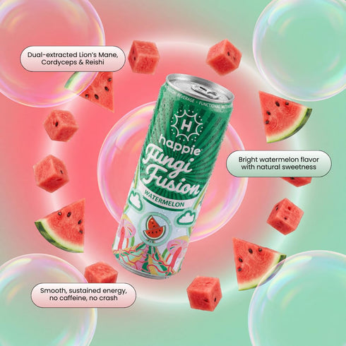 (900mg), (6 Pack) Happie Fungi Fusion Watermelon Sparkling Mushroom Drink with Lion's Mane Cordyceps & Reishi