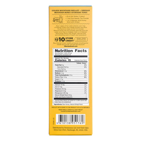 Siberian Wild 50-pack 8% Meadow Flowers Honey Sticks with Shilajit Raw Siberia Meadow Flower Honey Golden Mountains