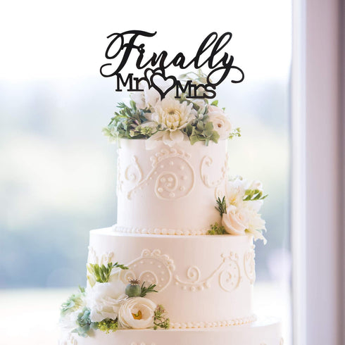 Finally Mr Mrs Love Heart Black Acrylic Cake Topper for Wedding Engagement Party Decoration - 5.9'' x 6.1''