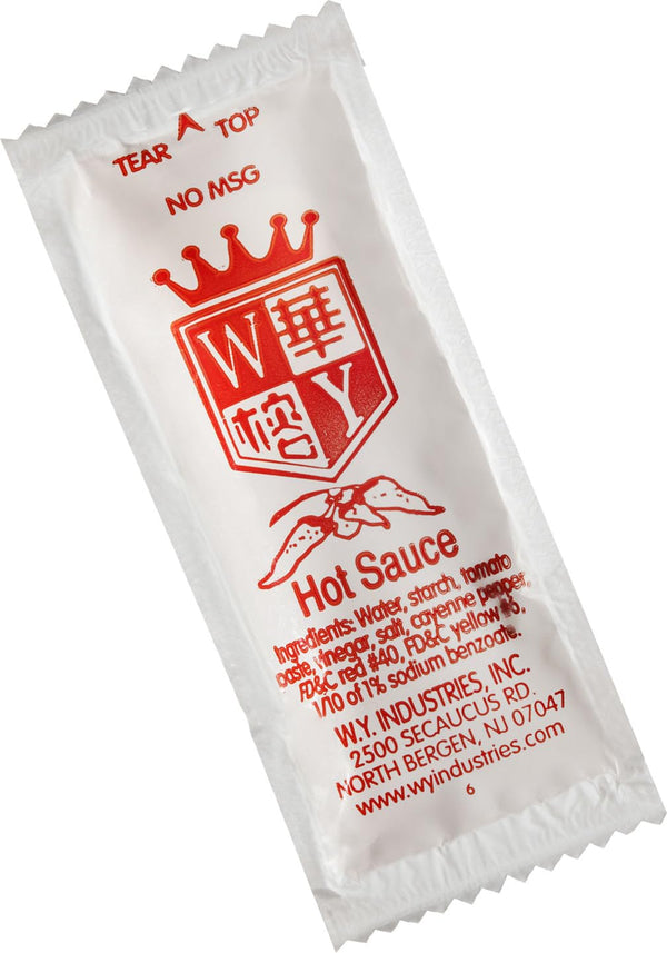 KPAK W.Y. Industries Chinese Takeout Hot Sauce packets 50 count single serve. Packaged