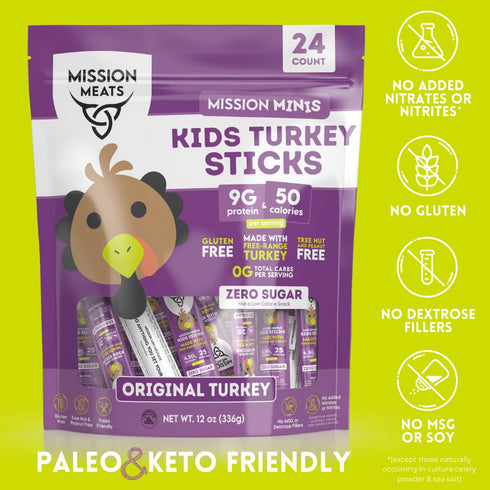 100% 9g 0.5oz (24ct Mission Meats Kids Turkey Sticks, Free Range, Healthy Snacks for Kids, Zero Sugar, Protein per