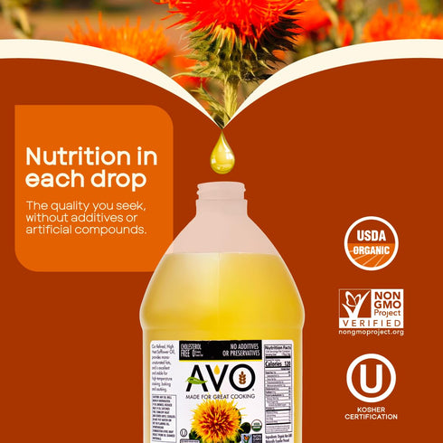 64 Fl-oz 465F AVO Organic Safflower Oil for Cooking, Frying, Baking, Salads, Vinaigrette, Marinades. General Cooking