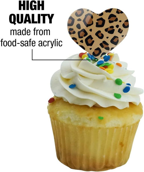 Set of 6 Leopard Print Animal Spots Heart Love Cupcake Picks Toppers Decoration