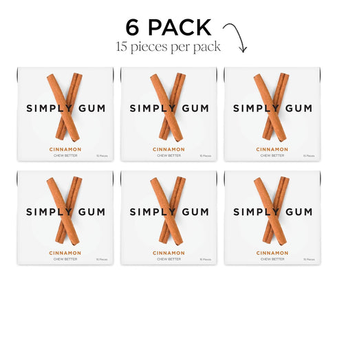 Simply Gum | Cinnamon | Plant-Based Chewing Gum | Pack of Six (90 Pieces Total) | Synthetic Free, Aspartame Free,
