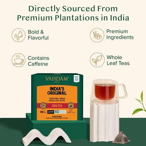 (100 Count) VAHDAM, India's Original Masala Chai Tea Bags No Added Flavoring | Blended w/Exotic Spices | Whole Leaf Tea