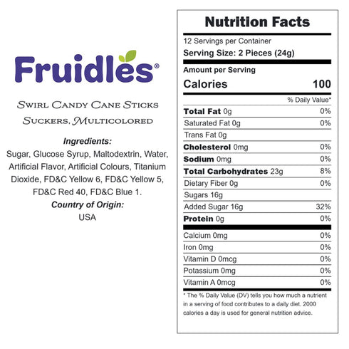24-Pack 5.5" Inch, Fruidles Swirl Candy Cane Sticks Suckers, Old-Fashioned Multicolored Mixed Fruit Flavor
