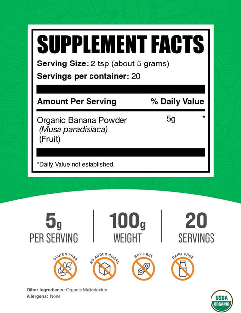 5g 100g (3.5 oz) (Pack 1) BulkSupplements.com Organic Banana Powder - Banana Fruit Powder, Nutrient Rich - Air-Dried