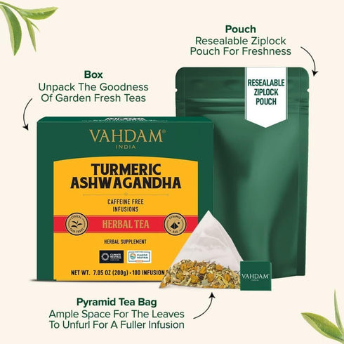 (100 Count) 100% VAHDAM, Turmeric Ashwagandha Herbal Tea Bags Caffeine Free, Non GMO, Gluten Free | Pure Herbal Blend