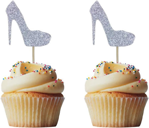 Morndew 24 PCS Silver Glitter Heels Cupcake Toppers for Gender Reveal Party Baby Shower Decorations