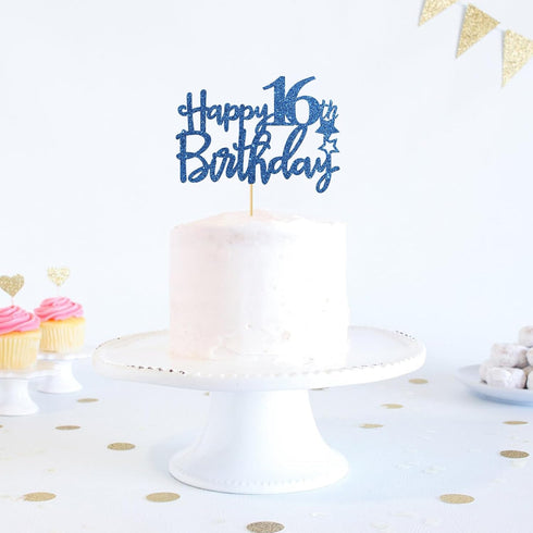 Royal Blue Glitter Happy 16th Birthday Cake Topper, Cheers to 16 Years Party Supplies, 16th Birthday Decorations