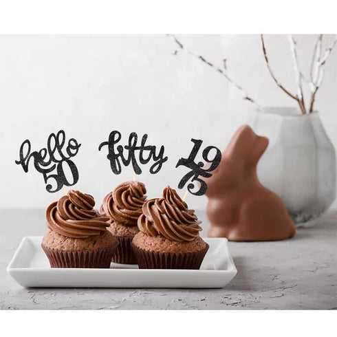 24 Pcs Black Glitter Cupcake Toppers for 50th Birthday Party Celebrations Decorations
