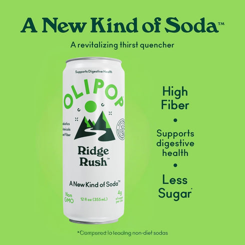 Pack Packed 12oz (12 Pack) OLIPOP Sparkling Prebiotic Soda, Ridge Rush, Pantry with Prebiotics, Fiber, and Botanicals