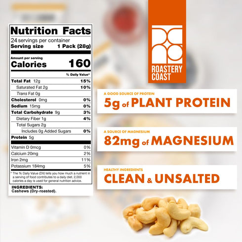 (1 Oz Roastery Coast - Just Cashews Unsalted | Individually wrapped snack each) | Whole Unsalted Cashews | Non-GMO