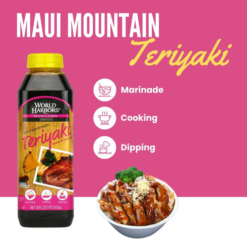 16-Fl Oz (Pack 6) World Harbors Maui Mountain Teriyaki Sauce & Marinade Perfect for Fish, Chicken, Beef, Pork, Wings