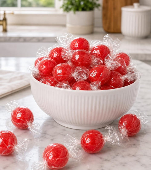 DM Sweets 2 lbs Jumbo Cherry Candy Balls with Gum Center - of Fresh Individually Wrapped Red Sweet Hard Candy Suckers