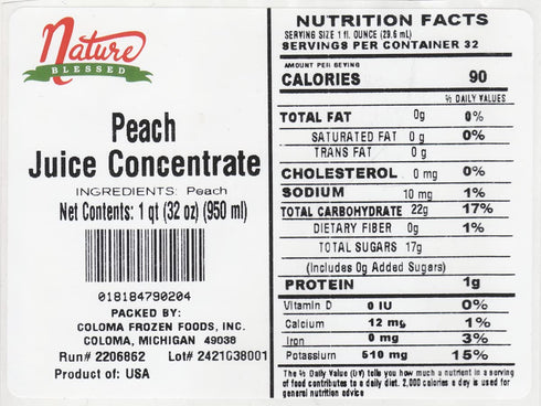 100% 1 (1/32 oz Nature Blessed Pure Peach Fruit Juice Concentrate - Quart fl bottle), Excellent for Wine Making
