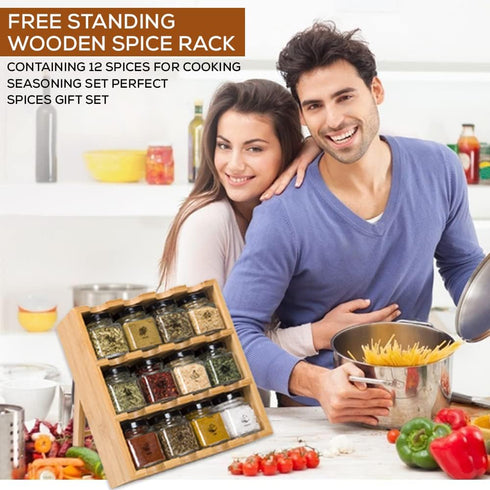 3-Tier 12 12 TILZ GEAR Wooden Spice Rack, Filled Glass Jars, Organic Spices Included, Brown