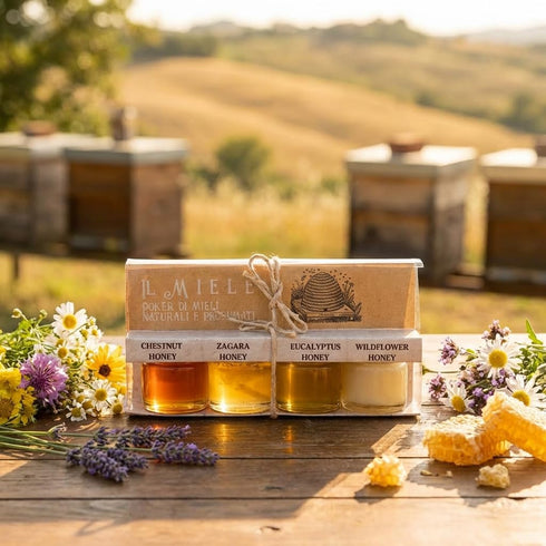 Set, 1.3 oz Pack 4 ARTIGIANI DEI SAPORI - Mini Honey Gift "Il Miele", each, Zagara, Milli flower, Chestnut, Eucalyptus