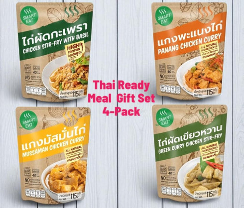 SHEEWAN Set 4 Yummy, Thai Curry Variety Gift Ready-to-Eat Meals (Green Curry, Pad Kra Pao, Panang, Massaman), thai food