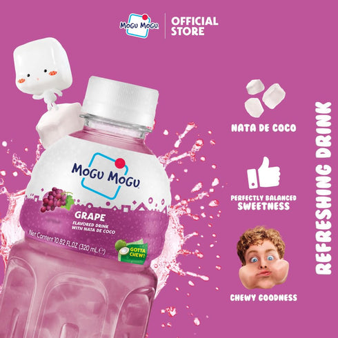 6 Pack 10.82 oz Mogu Mogu Grape Juice Drink with Nata de Coco (Coconut Jelly) Chewy Fruit Beverage for Kids & Adults