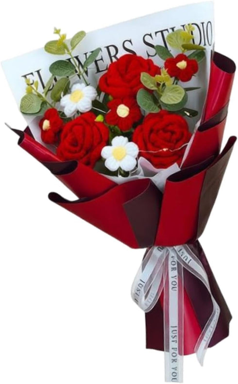 WeiLaiKeQi Crochet Flower Bouquet Knitted Flowers from for Birthday Valentines Day Girlfriend Mom Women, Red