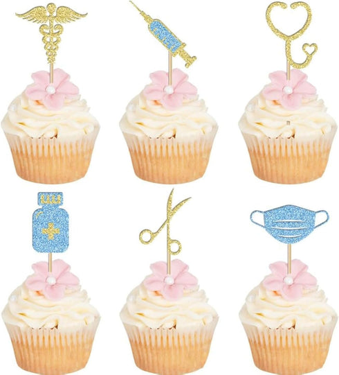 BoningNEW 24 Pcs Blue Gold Nursing Cupcake Toppers for Medical Rn Themed Cake
