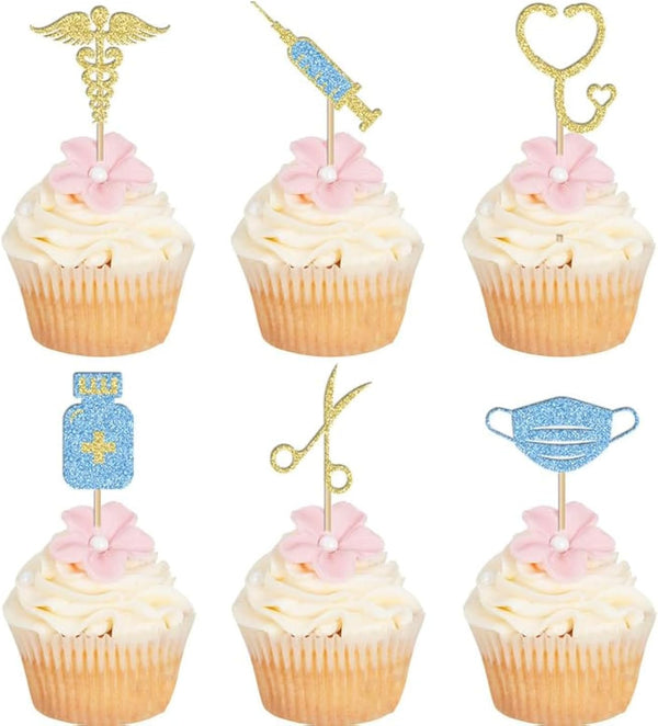 BoningNEW 24 Pcs Blue Gold Nursing Cupcake Toppers for Medical Rn Themed Cake
