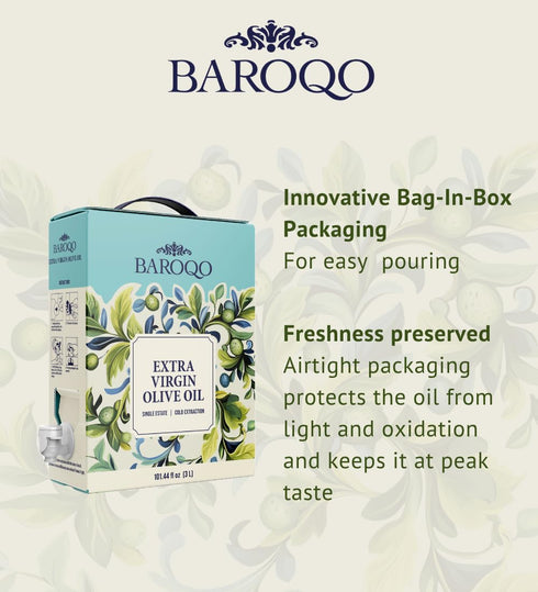 BAROQO 3L 101.44 Oz Mediterranean Olive Oil Extra Virgin Olive Oil Bag in Box, Cold Pressed Extra virgin Olive Oil Bulk