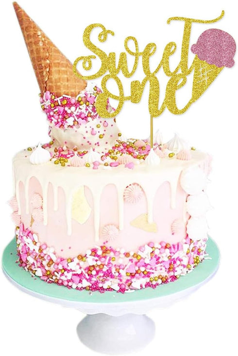 Ice Cream Sweet One Cake Topper - Double-Sided Glitter for Babies' Ice Cream First Birthday Party Decorations