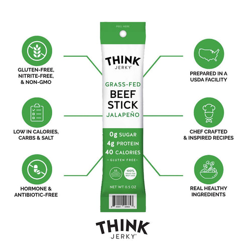 0.5 oz 20 Pack Think Jerky Jalapeno Beef Sticks, Gluten and Sugar Free, No Nitrates, Keto Paleo Friendly High Protein