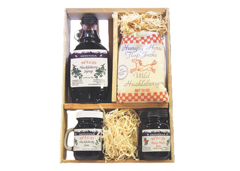 Taste the Wilderness Deluxe Gift Crate: 10oz Huckleberry Syrup, 2-5oz Jams & 12oz Flap Jack