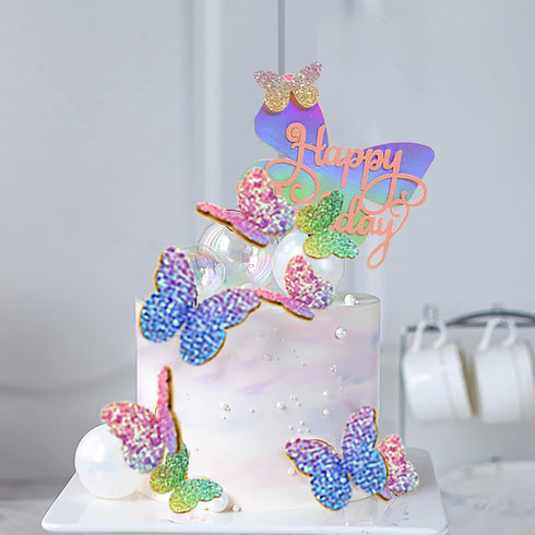 Newmemo 12pcs Gradient Sequins Butterfly Cake Toppers - Rose Gold Confetti Balloon Cake Supplies for Birthday Wedding